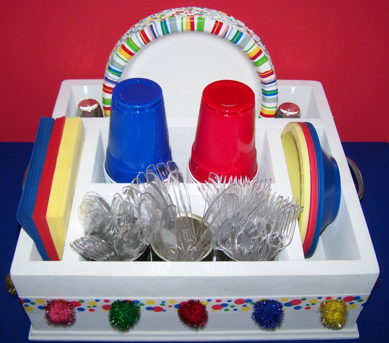 Bright /& colorful kids birthday tableware caddy decor utensils and more Decorate again for more parties. Great for napkins paper plates