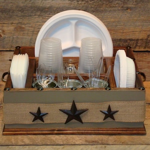 Khaki color with burlap ribbon and metal stars wood utensil tableware caddy organizer woos utensil holder kitchen counter organizer caddy