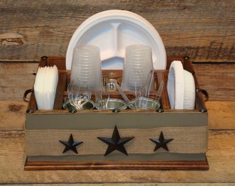 Khaki color with burlap ribbon and metal stars wood utensil tableware caddy organizer woos utensil holder kitchen counter organizer caddy