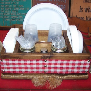 Country western rustic tableware utensil caddy organizer wood utensil holder paper plate napkin holder wood caddy kitchen utensil holder