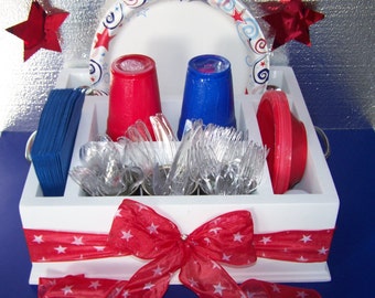 4th of July utensil holder caddy napkin holder paper plate holder wood utensil caddy kitchen caddy party tableware decor party plates holder