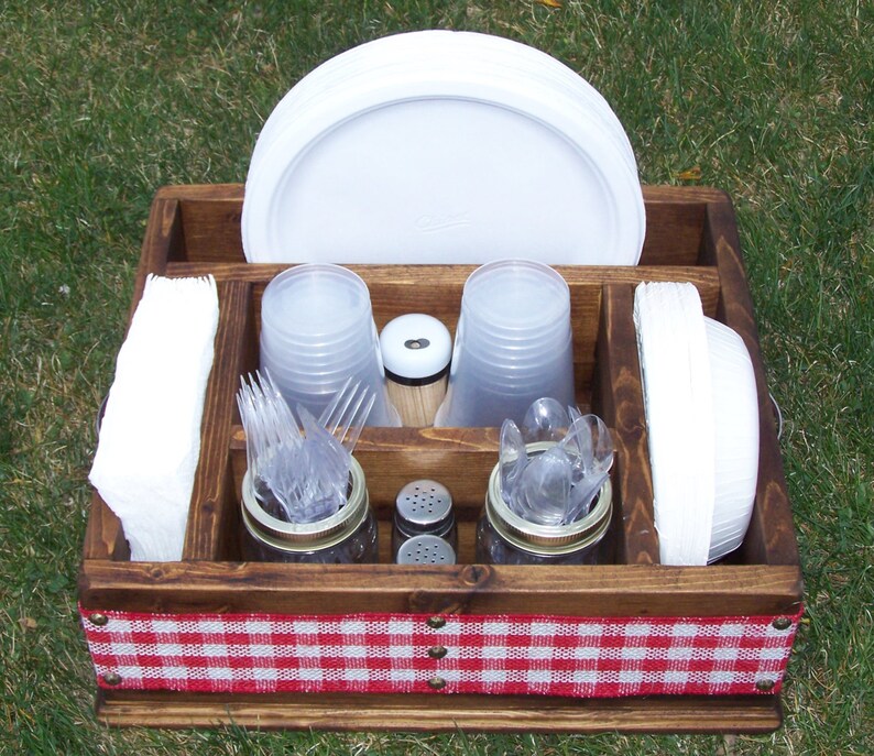 Backyard Picnic Caddy Red and White Plaid Burlap Ribbon Etsy