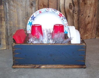 Dark blue utensil kitchen caddy paper plate holder utensil holder kitchen silverware holder wood caddy countertop organizer utensil storage