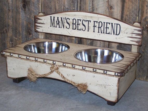 Rustic Wood White Medium Size Dog Feeder With Stainless Steel Etsy