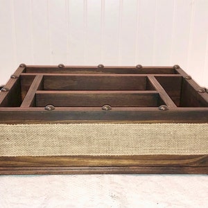 Wood utensil holder medium-dark stain with burlap ribbon Kitchen utensil organizer, paper plate holder wood  utensil caddy kitchen caddy