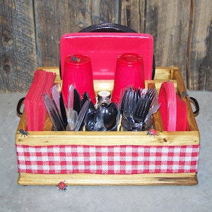 Red and white plaid picnic utensil holder kitchen caddy wood utensil holder kitchen organizer party tableware wood caddy rustic caddy