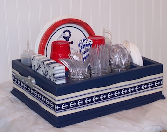 Organizador de vajilla desechable con temática náutica, para servilletas, platos de papel, utensilios y más, para decoración de fiestas, con temática náutica, playa y océano.