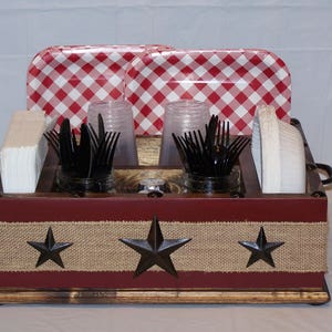 Maroon burlap ribbon and stars kitchen utensil caddy wood caddy paper plate holder napkin holder kitchen utensil holder rustic caddy