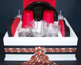 Football sports lovers party decor tableware utensil caddy organizer for napkins, paper plates, silverware, cups holder party utensil holder