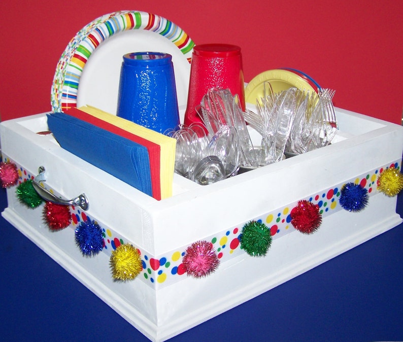 Bright /& colorful kids birthday tableware caddy decor utensils and more Decorate again for more parties. Great for napkins paper plates