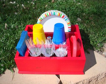 Red tableware utensil caddy organizer party decor for napkins, paper plates, utensils wood utensil holder kitchen caddy party tableware