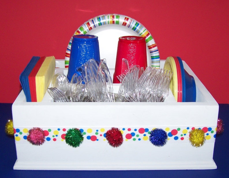 Bright /& colorful kids birthday tableware caddy decor utensils and more Decorate again for more parties. Great for napkins paper plates