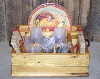 Thanksgiving golden oak stained utensil tableware utensil caddy organizer for napkins, paper plates, utensil and more. Great for all parties