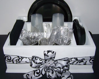 Elegant black and white party decor tableware utensil holder caddy organizer for napkins, paper plates, utensils and more.