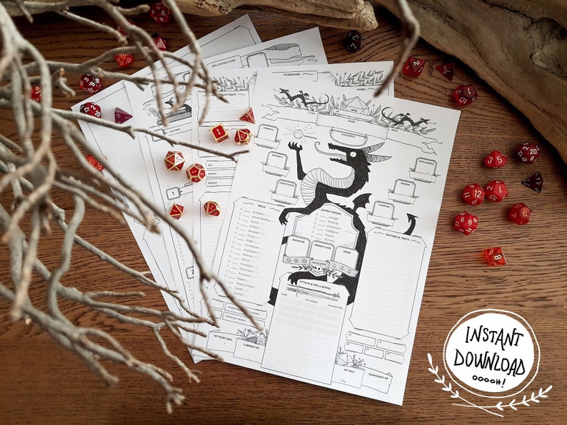May include: A black and white printable character sheet for a tabletop role-playing game. The sheet features a dragon illustration and the text "Instant Download ooooh!" in a circle.