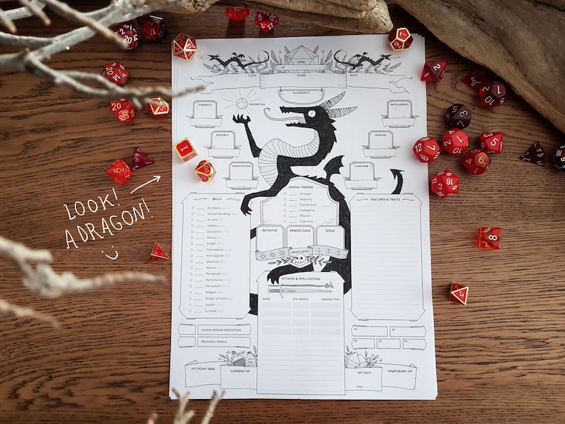 May include: A black and white printable character sheet for a dragon, with a cartoon dragon illustration. The sheet includes sections for stats, skills, features, and traits. There are also dice and a handwritten note that says "Look! A Dragon!"