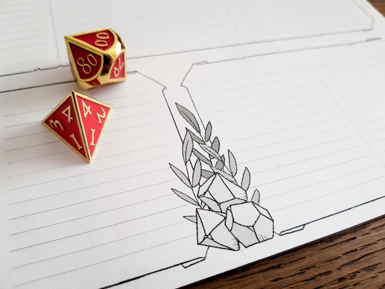 May include: Two red and gold dice with white numbers on a lined white paper background. The dice are a four-sided die with the numbers 1, 2, 3, and 4 and a twenty-sided die with the numbers 1, 2, 3, 4, 5, 6, 7, 8, 9, 10, 11, 12, 13, 14, 15, 16, 17, 18, 19, and 20. The paper has a drawing of a pile of crystals and leaves.