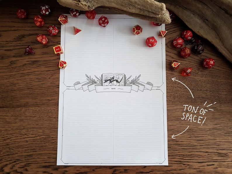 May include: A printable Dungeons and Dragons character sheet with a black and white illustration of a book with a dragon on the cover. The sheet has lined sections for character information and a large section for notes. There are red and gold dice scattered around the sheet.