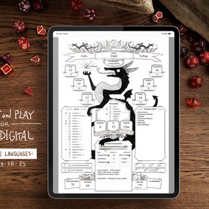 May include: A digital tablet displaying a black and white character sheet for a tabletop role-playing game. The character sheet features a dragon illustration and the text "T&uuml;ril" and "Tiefling". The tablet is surrounded by red dice on a wooden surface.