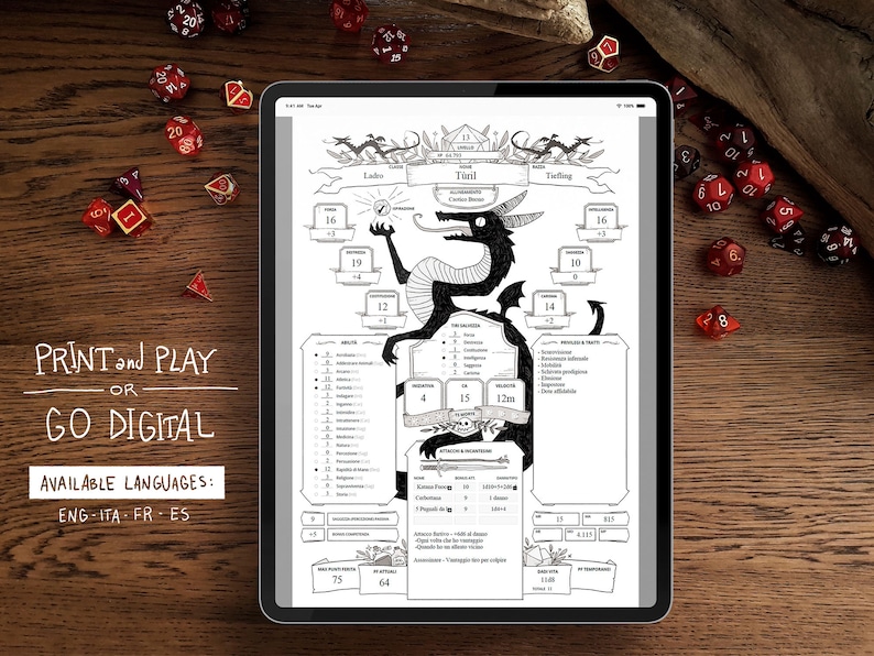 May include: A digital tablet displaying a black and white character sheet for a tabletop role-playing game. The character sheet features a dragon illustration and the text "T&uuml;ril" and "Tiefling". The tablet is surrounded by red dice on a wooden surface.
