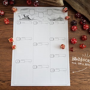 May include: A black and white printable spellcasting card with a dragon illustration and the text "Spellcasting Card". The card is divided into nine sections, each with a number from 1 to 9. The card is surrounded by dice.