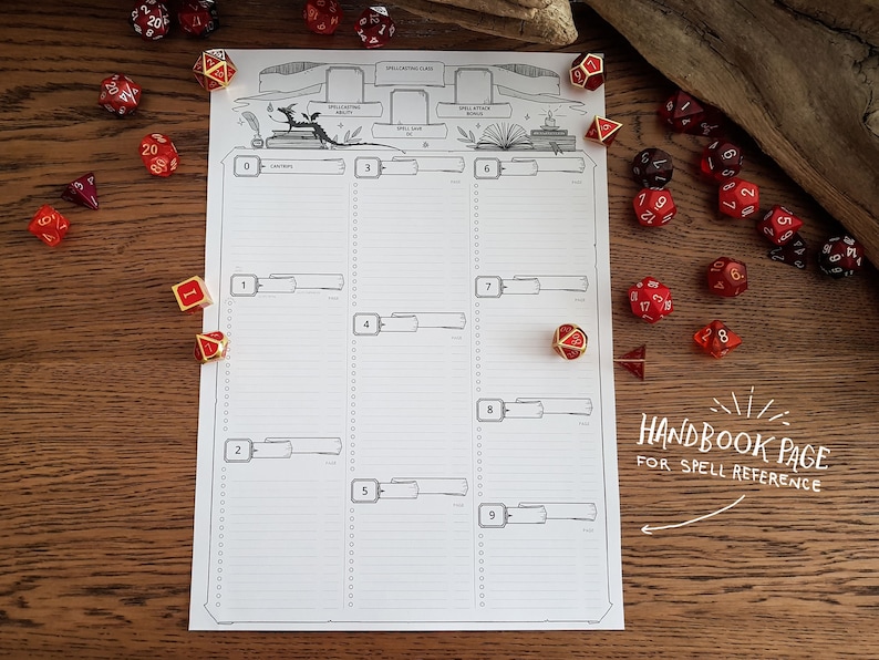May include: A black and white printable spellcasting card with a dragon illustration and the text "Spellcasting Card". The card is divided into nine sections, each with a number from 1 to 9. The card is surrounded by dice.