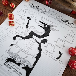 May include: A black and white character sheet for a tabletop role-playing game, featuring a dragon illustration. The sheet includes sections for character name, level, race, alignment, saving throws, skills, attacks and spellcasting, armor class, initiative, speed, and features and traits.