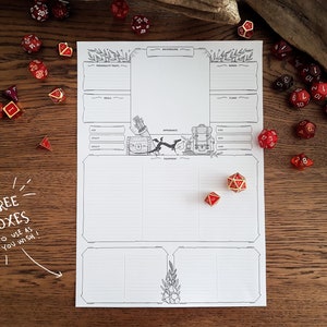 May include: A printable character sheet for role-playing games, featuring a blank character sheet with sections for personality traits, background, abilities, and equipment. The sheet is surrounded by dice and a wooden surface.