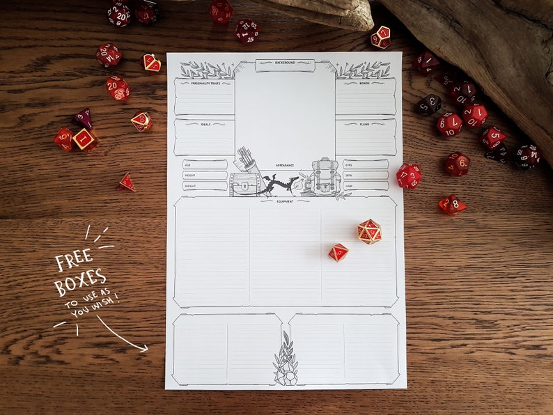 May include: A printable character sheet for role-playing games, featuring a blank character sheet with sections for personality traits, background, abilities, and equipment. The sheet is surrounded by dice and a wooden surface.