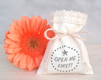 10 Stamped Gift Bags Set - Open me first Party Favors - Beige Cotton with Lace - Wedding Birthday Decoration - Give away Gifts for Guests