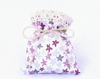 10 Party Favors Set - Tie or Drawstring Bags - Pink Purple Floral Cotton with Lace - Wedding Table Decoration - Give away Gifts for Guests