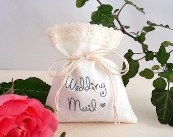 10 Stamped Gift Bags Set - Wedding Mail - Party Favors - Beige Cotton with Lace - Pouch Table Decoration - Give away Gifts for Guests