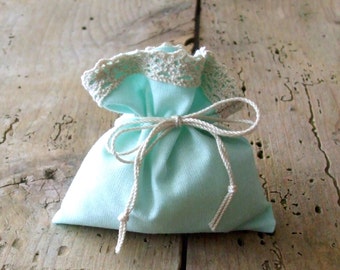 10 Gift Bags Set - Tie or Drawstring Favors - Mint Cotton with Lace - Weddings Table Decoration - Party give away gifts for Guests