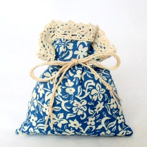 10 Party Favors Tie or Drawstrings Bags Beige Blue Floral Cotton with Lace Wedding Table Decoration Give away for Guests image 1