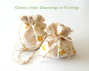 10 Party Favors Set - Tie or Drawstring Bags - Yellow Floral Cotton with Lace - Wedding Table Decoration - Give away Gifts for Guests