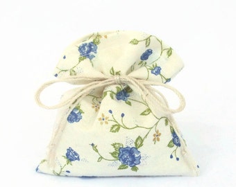 10 Party Favors Set - Tie String Cotton Pouch - Blue Floral Bags for Wedding Birthday Shower Table Decoration - Give away Gift for Guests