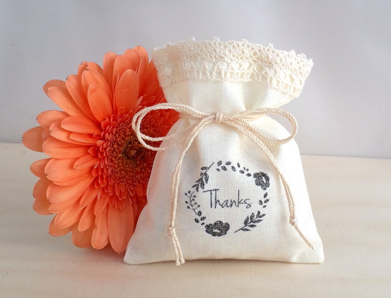 Thanks Party Favors 10 Stamped Gift Bags Set Wedding Showers Birthday Decoration Give away Gifts for Guests Beige Cotton with Lace