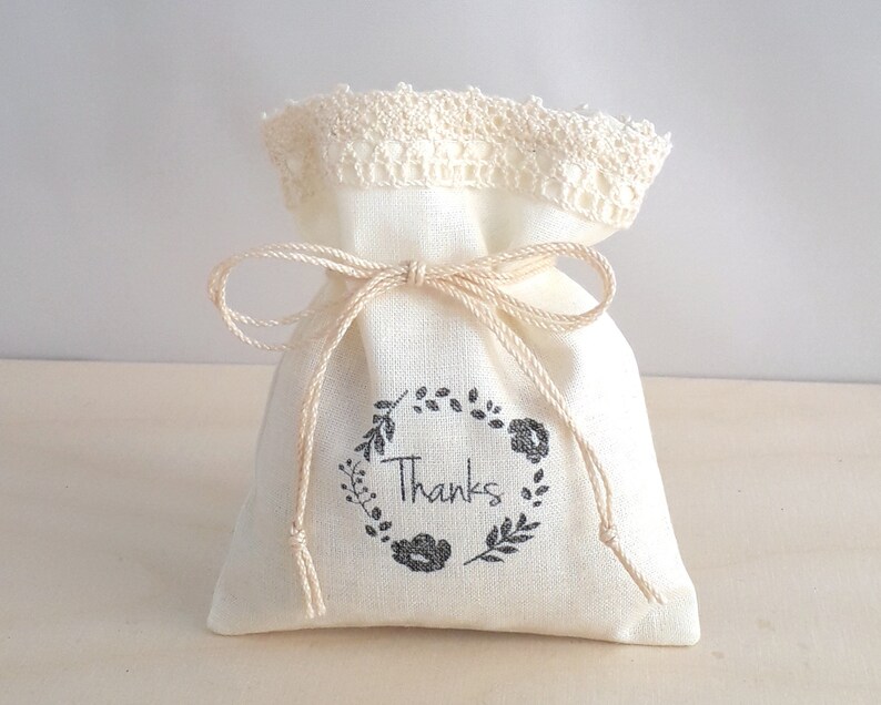 Thanks Party Favors 10 Stamped Gift Bags Set Wedding Showers Birthday Decoration Give away Gifts for Guests Beige Cotton with Lace