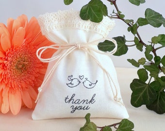 10 Stamped Gift Bags Set - Thank you with Birds - Beige Cotton Party Favors with Lace - Give away Gifts for Guests - Wedding Decoration