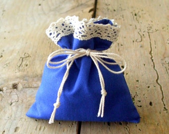 10 Gift Bags Set - Blue Cotton Bags with Lace - Party Favors - Showers Weddings - Tie string or Drawstrings - Table Decoration