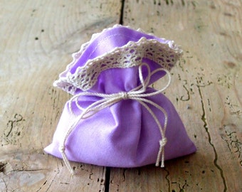 10 Gift Bags Set - Tie or Drawstrings Party Favors - Purple Cotton with Lace - Shower Wedding Table Decoration -Give away gifts for Guests