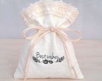 10 Stamped Gift Bags Set - Best Wishes Party Favors - Beige Cotton with Lace - Birthday Wedding Decoration - Give away Gifts for Guests