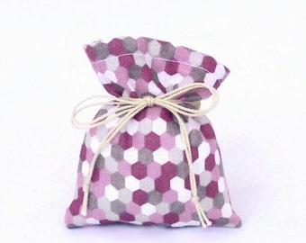 10 Party Favors Set - Tie String Bags - Purple Geometric Cotton - Shower Birthday Wedding Table Decoration - Give away Gifts for Guests