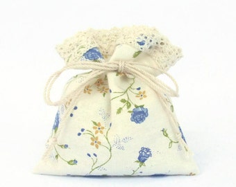 10 Party Favors Set - Tie or Drawstring Bags - Blue Floral Cotton with Lace - Wedding Table Decoration - Give away Gifts for Guests