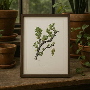 Pode incluir: Uma impressão botânica emoldurada com uma ilustração detalhada de um ramo de planta com folhas e botões verdes. A impressão é emoldurada em uma moldura de madeira marrom escura. A impressão é exibida em uma mesa de madeira.