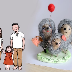 Hedgehogs family with child, Family portrait, Custom family, tiny Hedgie table decor, needle felted figurines, Anniversary gift for Parents