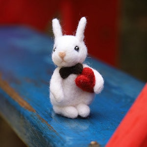 White Bunny  Valentine gift with heart, soft home decor, Bunny needle felted toy, Gift for her, Needle felted figurine