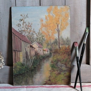 Pintura al óleo de paisaje de Francia antigua. Cabañas en un cuadro de paisaje de río. Masía rústica. Decoración de cabaña en mal estado