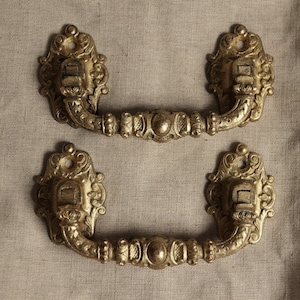 Könnte beinhalten: Zwei verzierte, goldfarbene Metall-Schubladengriffe mit aufwendigen floralen Designs. Die Griffe haben eine abgerundete Form und sind als Griffe konzipiert.