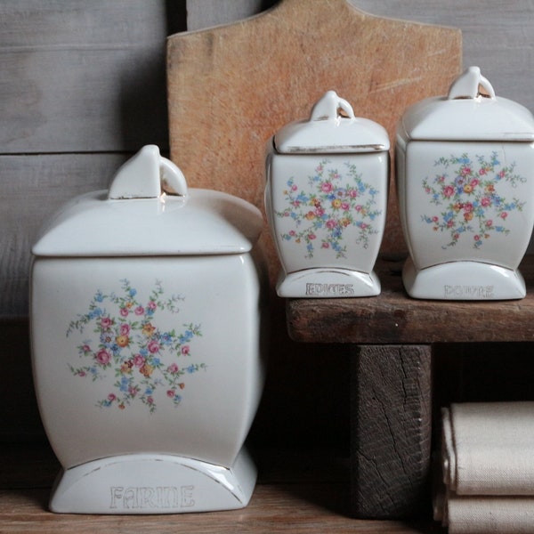 Ensemble de 6 boîtes de cuisine antiques en porcelaine française. Fleurs roses. Bidons Shabby chic des années 1920-30 avec couvercles. Cuisine de campagne française